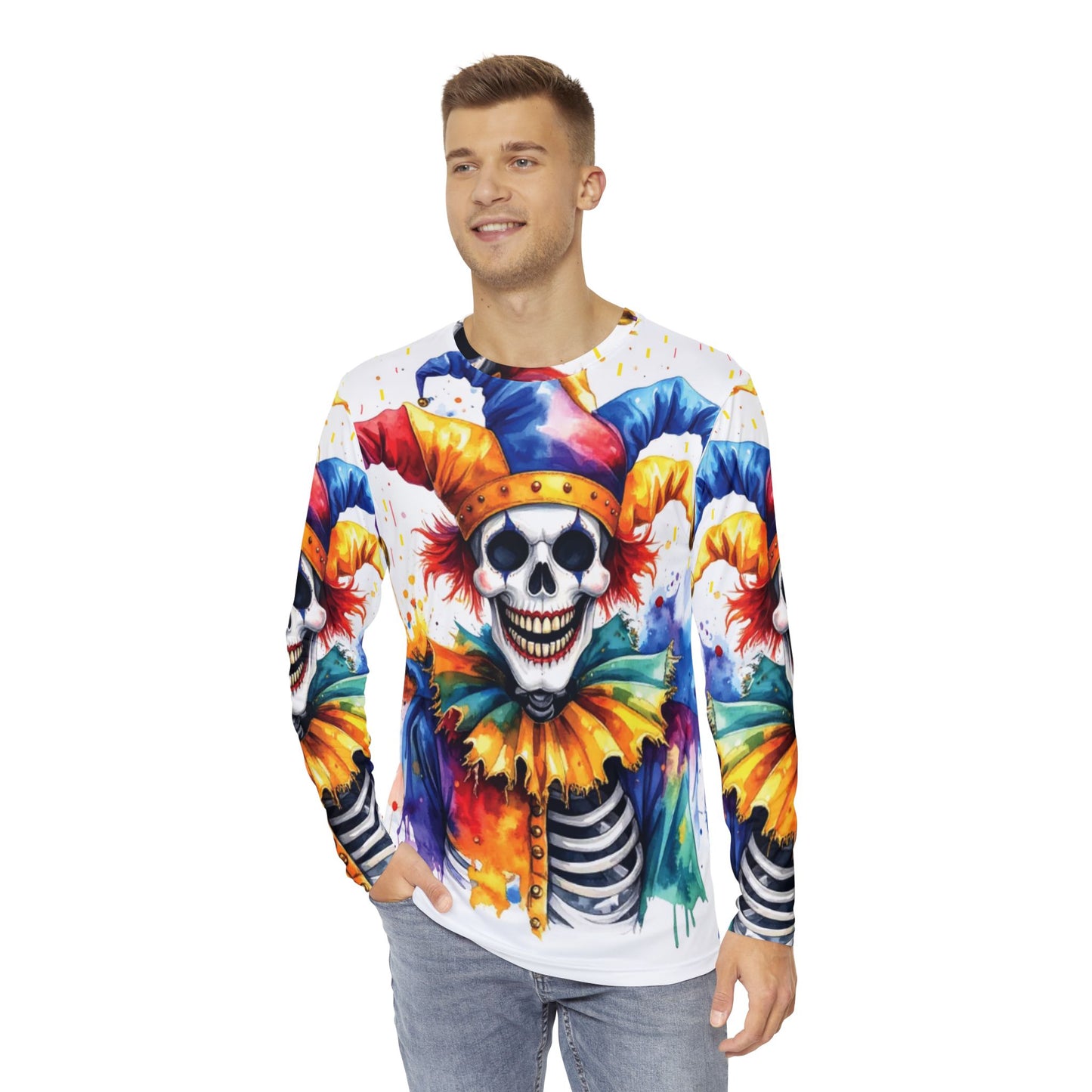 Men's Long Sleeve Shirt - Colorful Skeleton Clown Graphic Tee